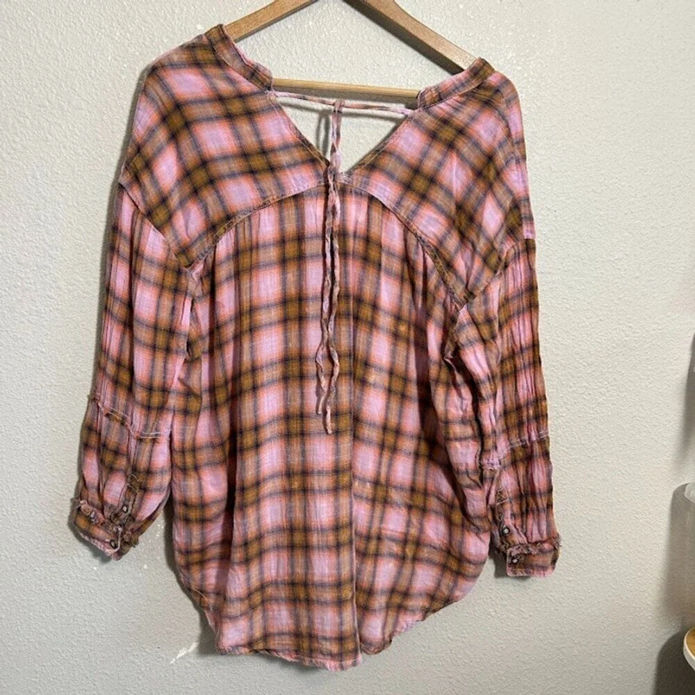 We The Free People One of the Boys Plaid Tunic Shirt S Pink Orange Boxy Popover - Picture 3 of 10